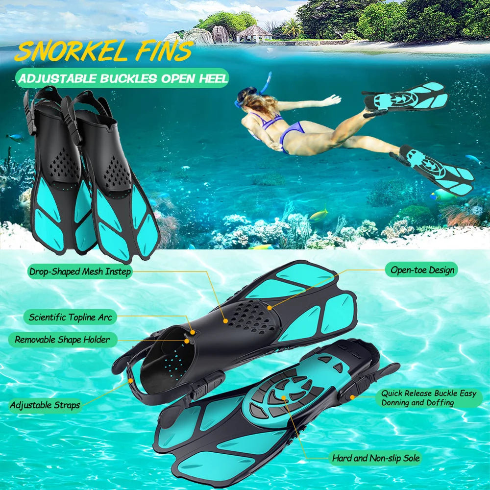 Adjustable Short Snorkel Fins – Open Heel Swim Flippers