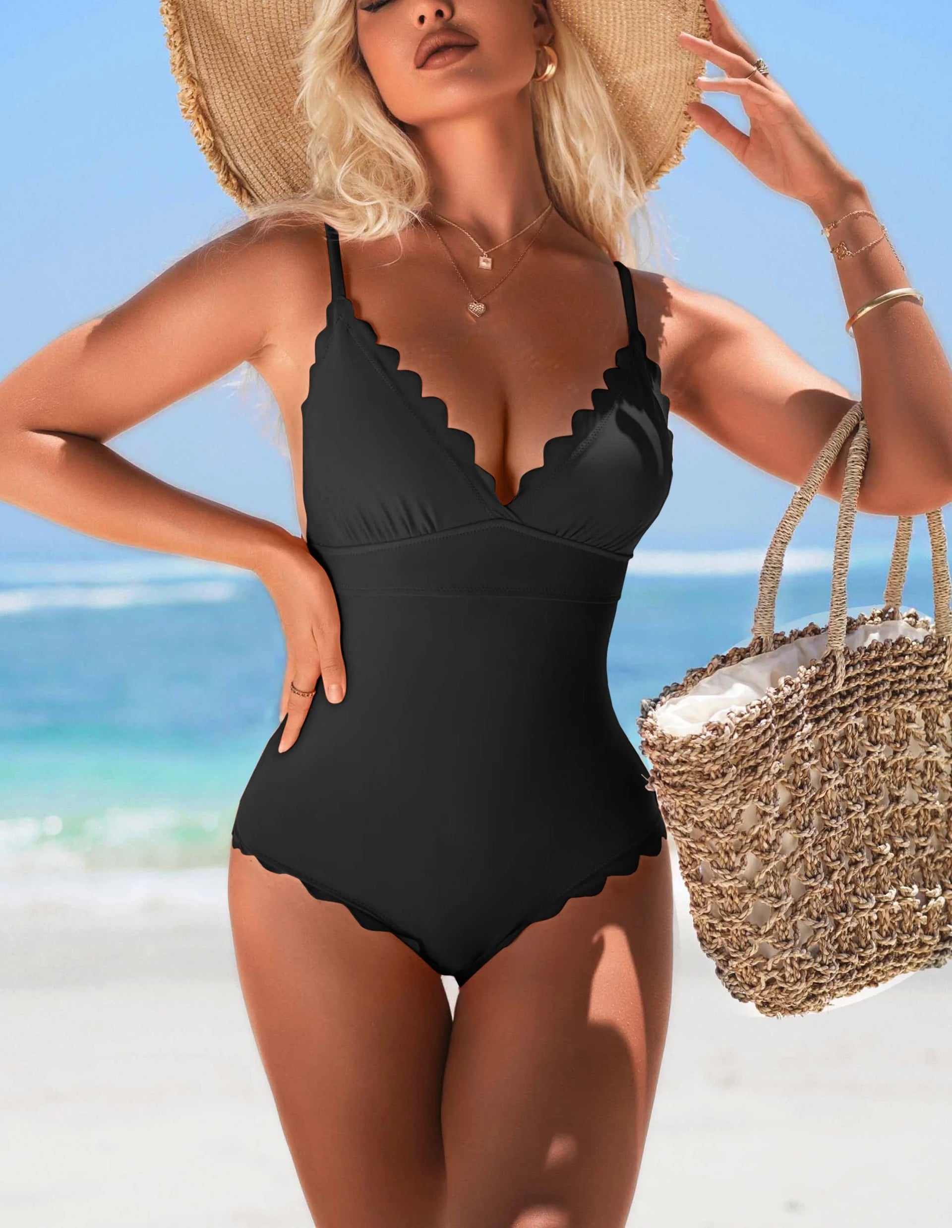 Anfilia Solid Scallop-Trim One-Piece Swimsuit
