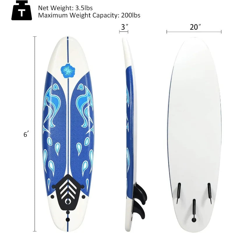 GYMAX Surfboard, 6' Body Board with Removable Fins & Protective Leash, Non-Slip Surfing Board for Surfing, Fishing Water Yoga