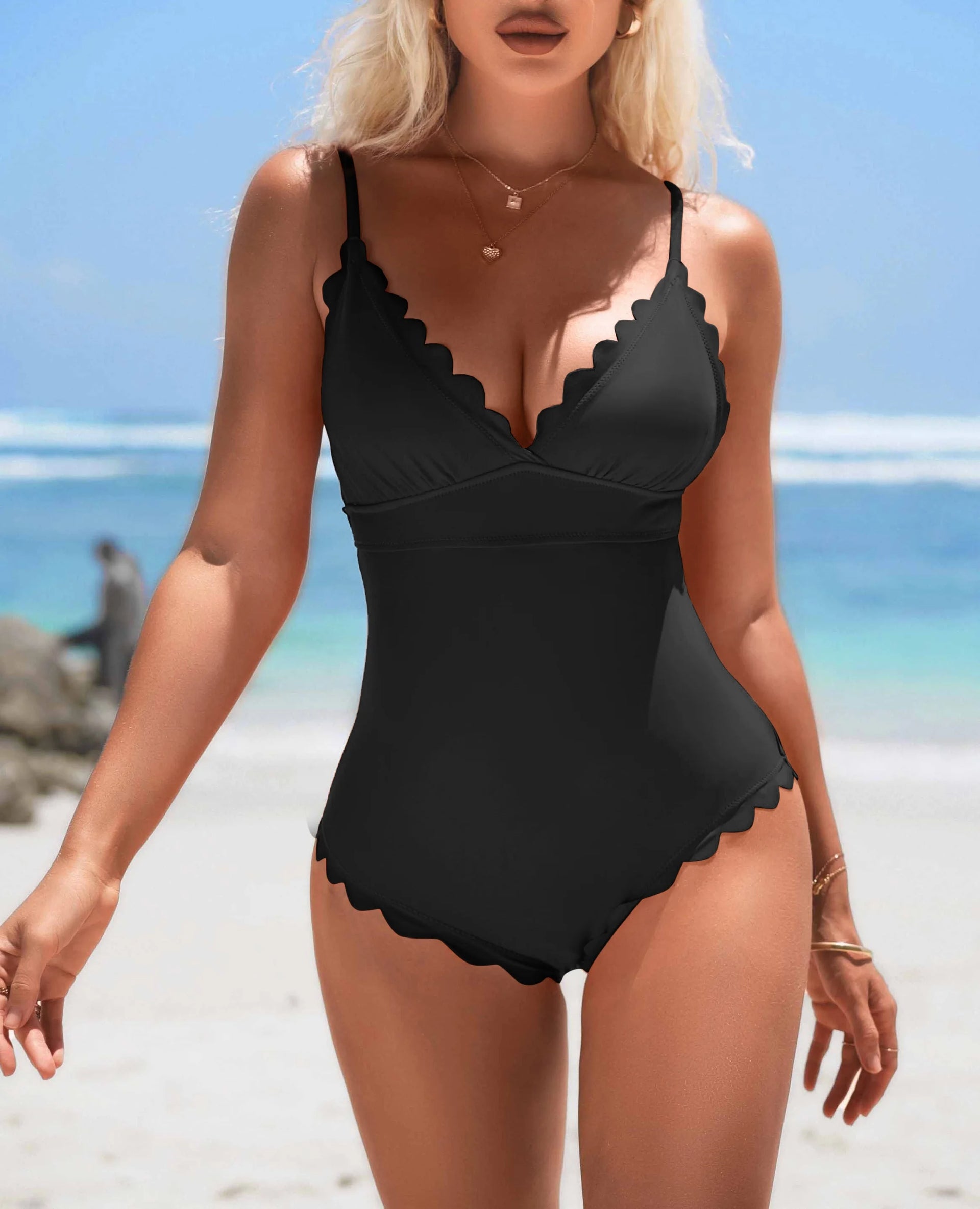 Anfilia Solid Scallop-Trim One-Piece Swimsuit