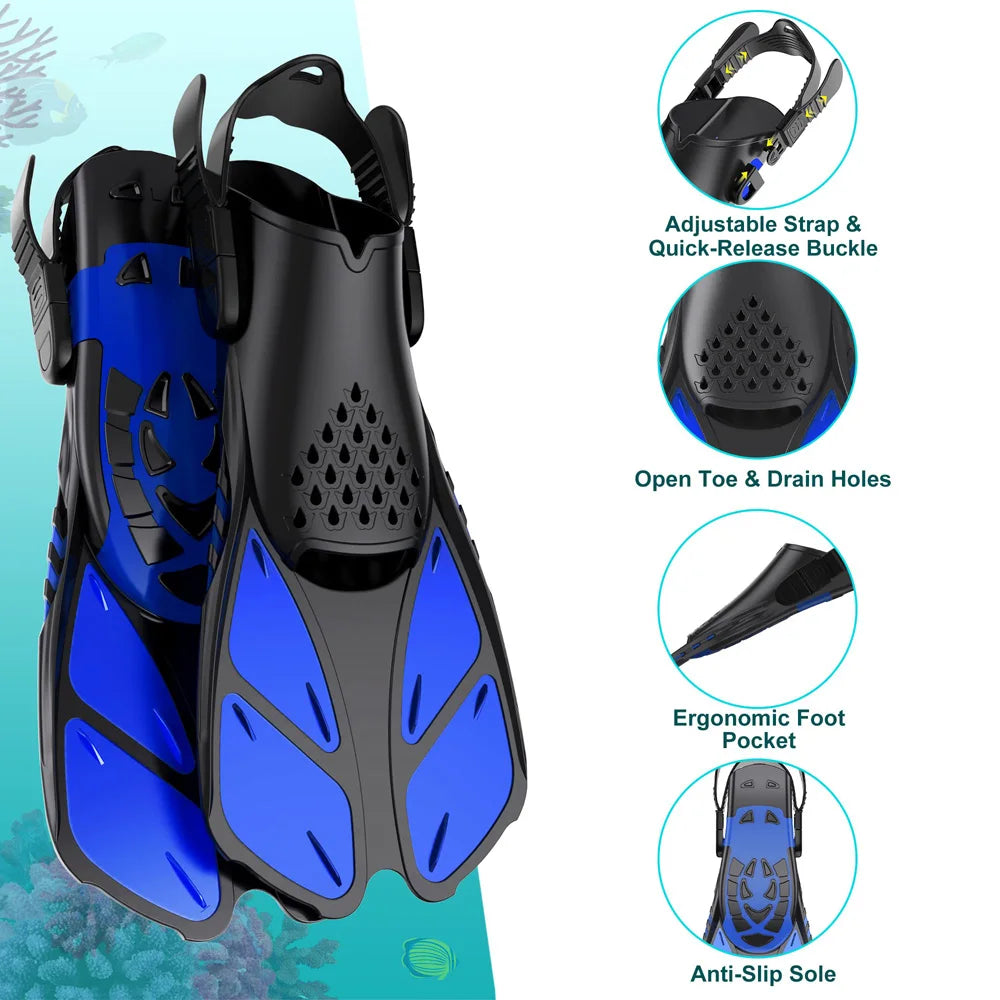 Adjustable Short Snorkel Fins – Open Heel Swim Flippers